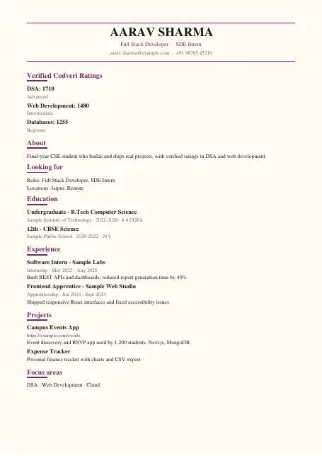 Elegant (serif, cream paper) résumé template preview