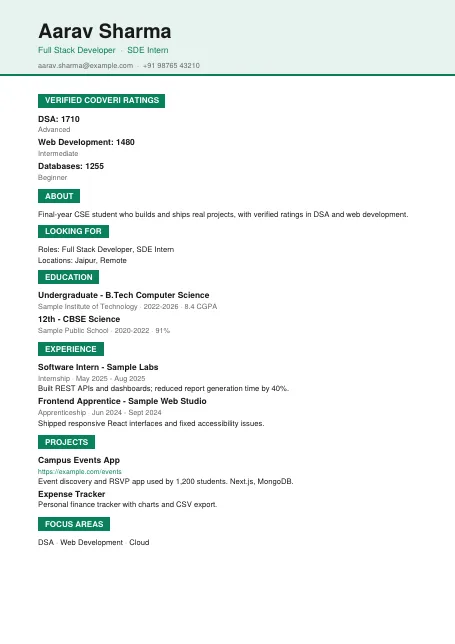 Emerald résumé template preview