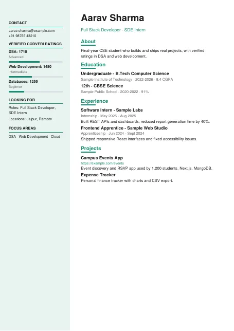 Mint (light sidebar) résumé template preview